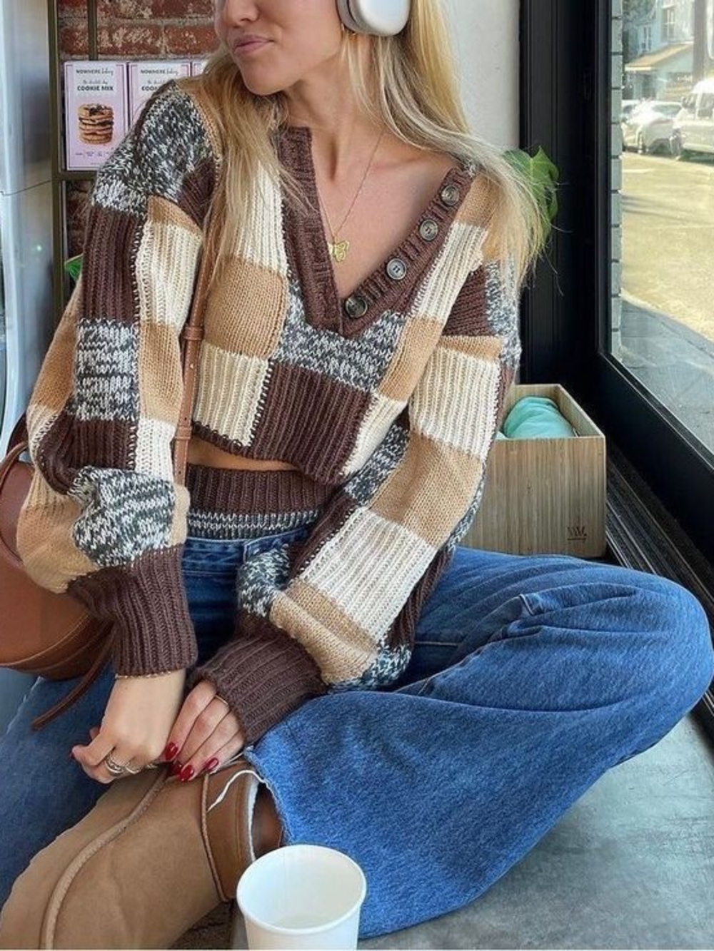 For Love & Lemons Patchwork Brown Cropped V Neck Puff Sleeve Knit Sweater Small - Picture 5 of 5